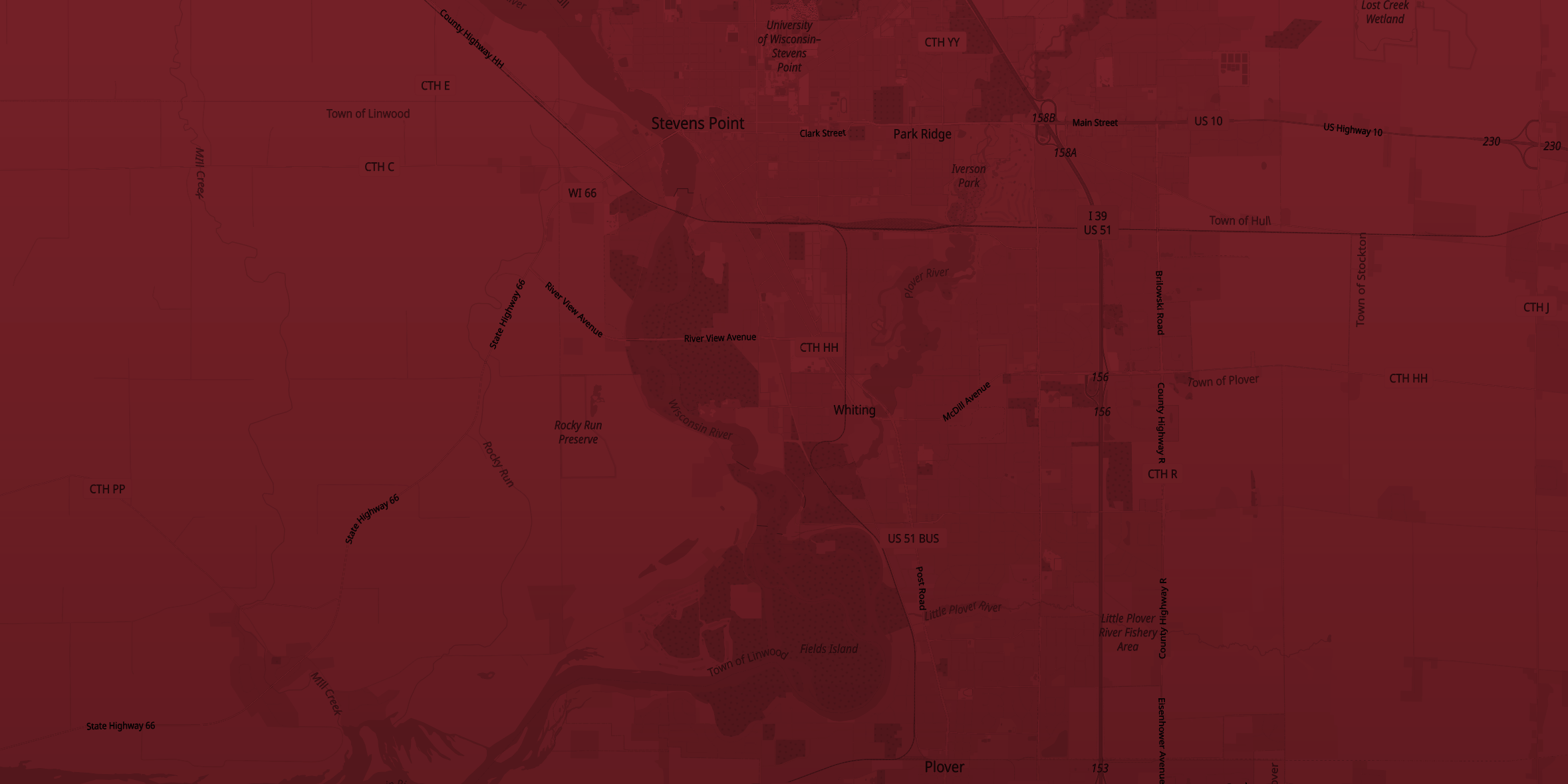 A dark red map image of part of the state of Wisconsin.