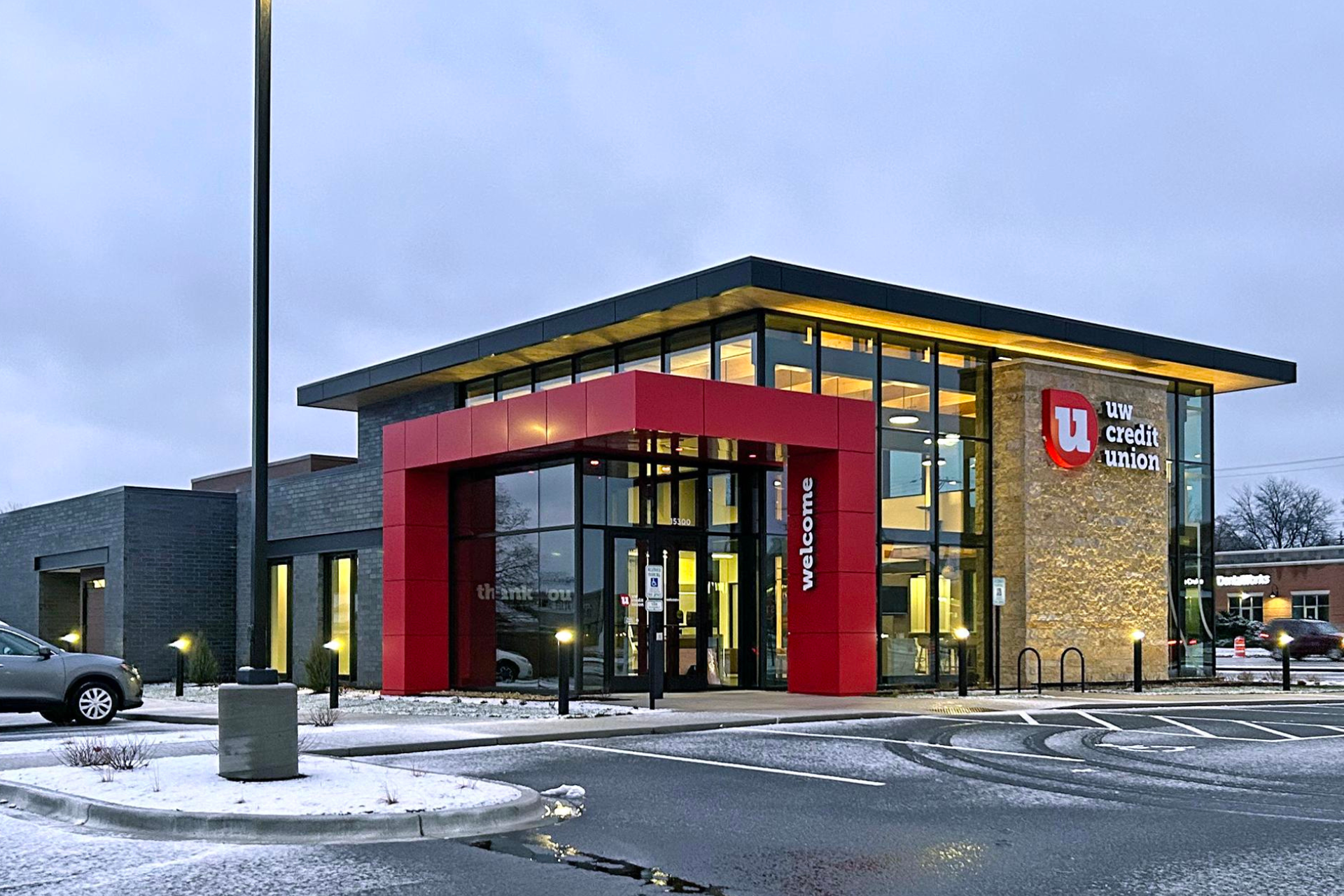 UW Credit Union's Elm Grove branch on a wintry day.