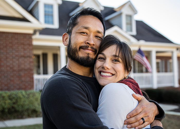 A man and women embrace in front of their home, both are smiling and facing the camera directly