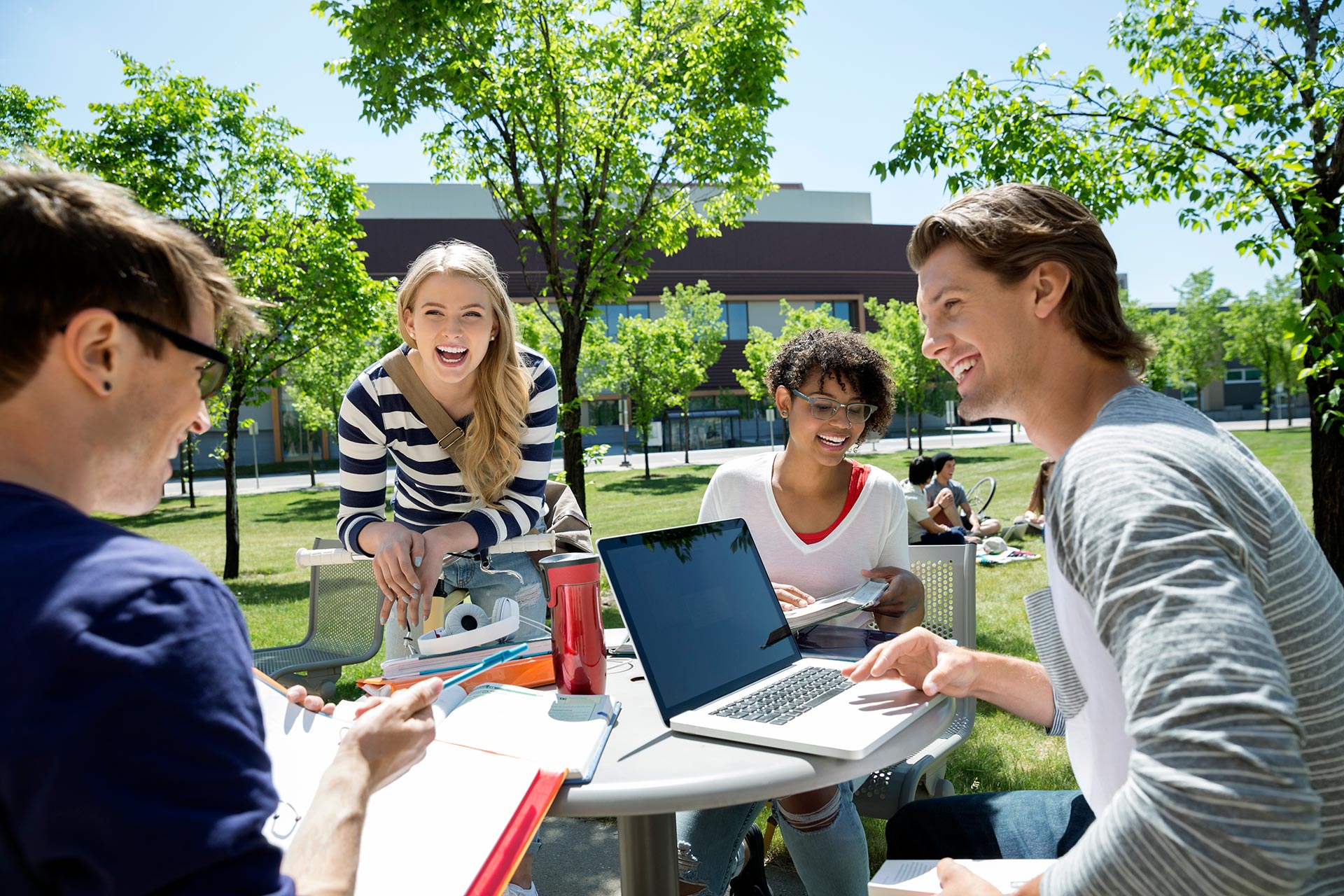 College students studying and laughing together.