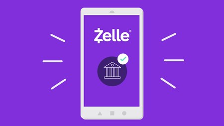 Graphic of mobile device with Zelle logo.